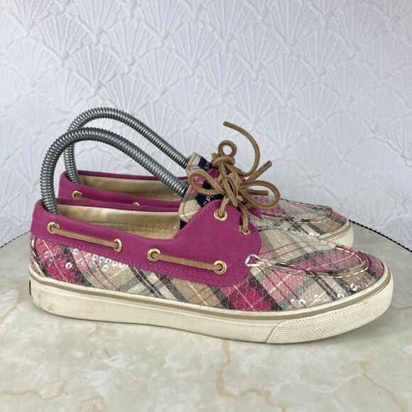 Sperry Shoes Women 6.5 Pink Gray Plaid Sequin Classic Casual Slip on Boat Loafer - Picture 2 of 12